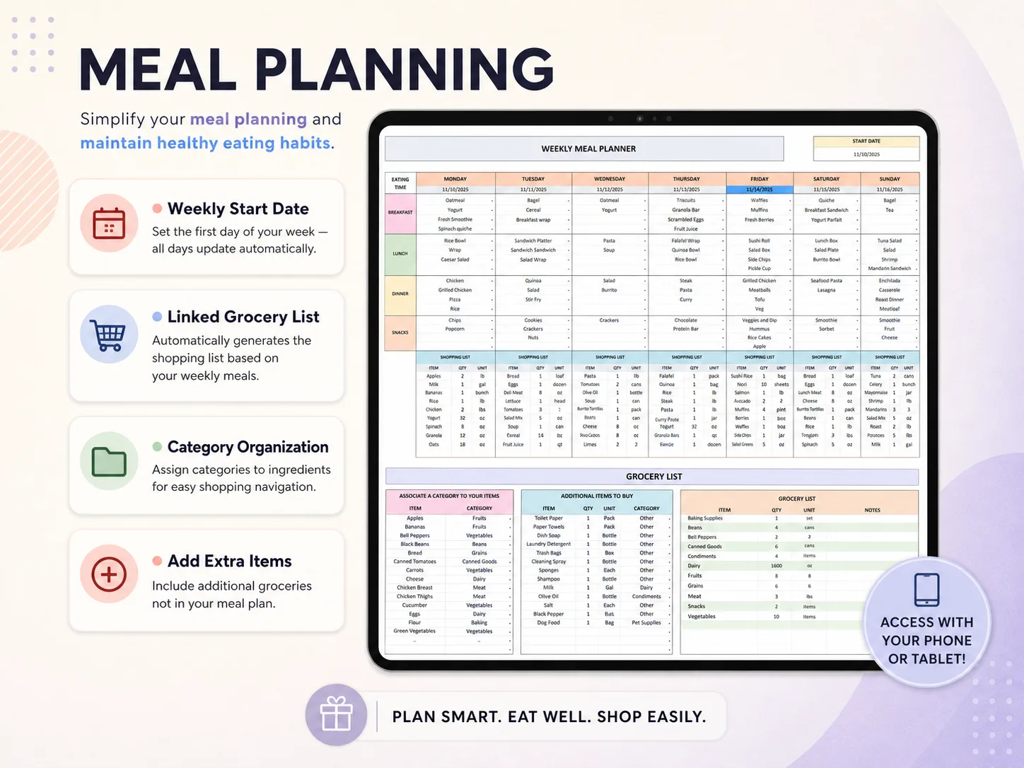 Ultimate Life Organizer weekly meal planner with a linked grocery list, a personal planning example