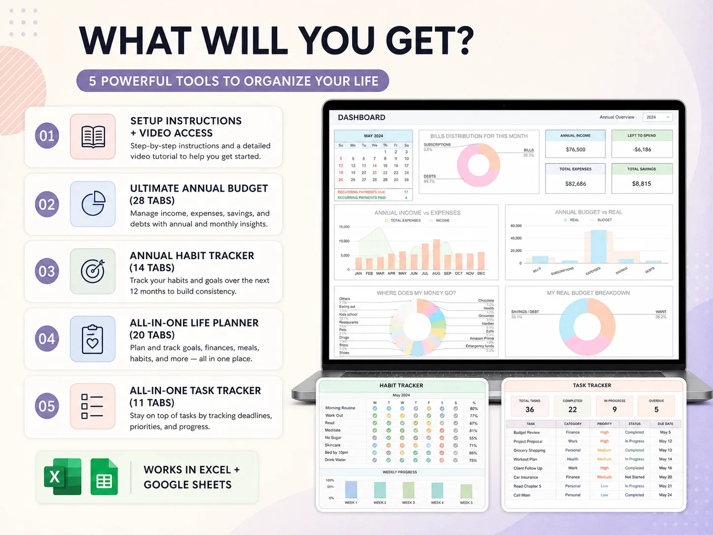 What is included in the Ultimate Life Organizer: four spreadsheets with 28, 14, 20 and 11 tabs, plus setup video (sample data)