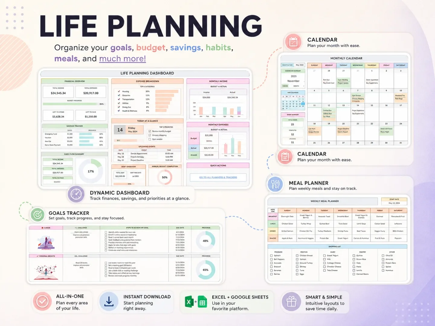 The Ultimate Life Organizer life-planning tab shows a calendar and personal planning fields