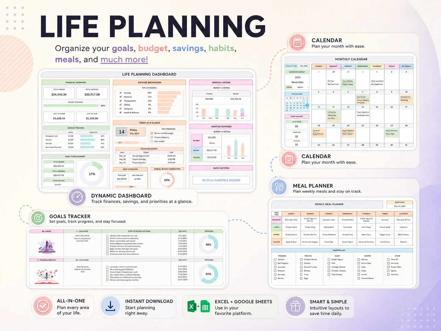 Life planning dashboard with financial overview, savings tracker, monthly calendar, goal tracker with progress rings and weekly meal planner with shopping list (sample data)